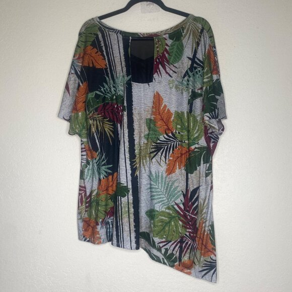 Catherines Womens Tropical Leaf Print Tunic Top 1X Plus V-Neck Asymmetrical Hem - Picture 6 of 11